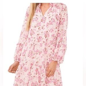 CeCe Women's 1X Pink Floral Tiered A-Line Knee Length Dress Long Sleeve V-Neck